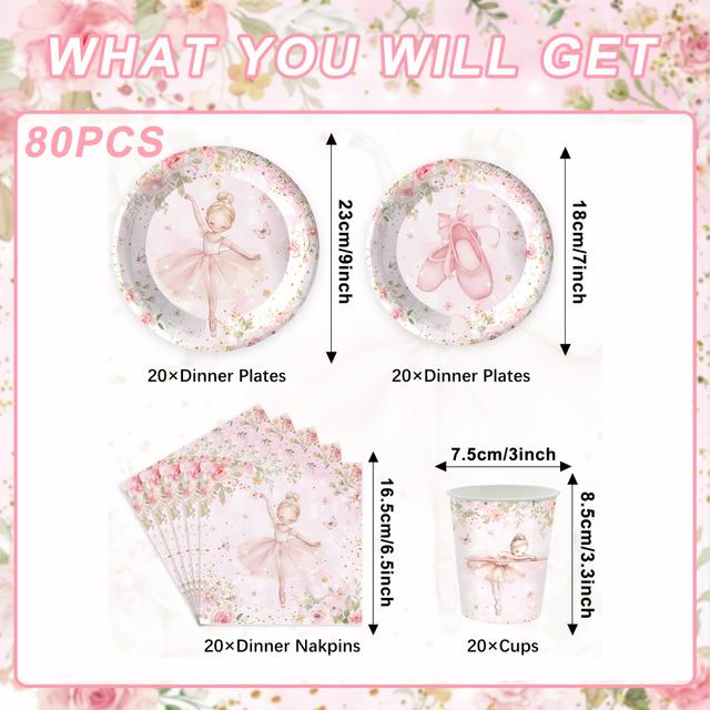 TEMU 60/80pcs Ballet-themed Party Tableware Sets, Princess Birthday Party Supplies, Holiday Decorations, Serves 20 Guests, Party Packs