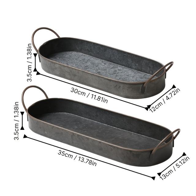 TEMU Set Of 2 Long Rectangular Iron Trays With Handles, Industrial-style Decorative Trays, Storage Trays For Photography Props, Candle Display Trays For Home Decor. (non-food Contact)