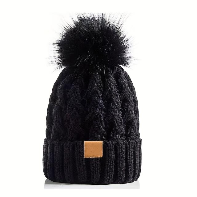 TEMU New Autumn/winter Large Ball -lined Thick Knitted Hat With Cross- Jute And Soft Warm Pom-pom