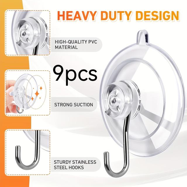 TEMU 9개 강력 흡착 컵 후크, 최대 하중 10파운드 - 1.77인치 투명 중형 흡착 컵, 재사용 가능 및 제거 가능한 스테인리스 스틸 후크, 잔여물 없음, 타일, 유리, 창문 및 다기능 걸이에 적합