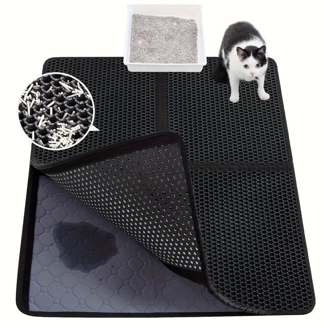 TEMU Large Mat For Cat Litter, Designed To Trap Litter And Urine, Washable With A Double Layer To Control Scattering, Easy To Clean, Free Of Phthalates, In Black Color