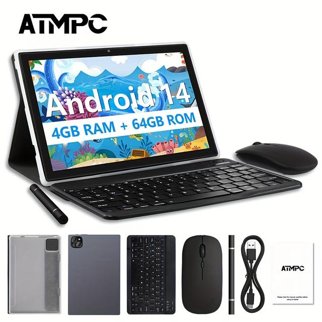 TEMU Tablette ATMPC 10,1 Pouces 14, 4 Go RAM + 64 Go ROM, WIFI 6, Batterie 6000 mAh, Écran IPS 1280x800, -Core, PC Tablette avec , Souris, Coque, Stylet et Accessoires de Bureau