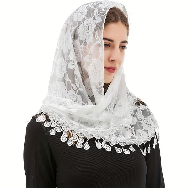 TEMU de Triangular Mantilla Cubierta para la Cabeza Chal de Encaje Pañuelo Latino Chal de Encaje Mantilla con Borlas Bufanda Moda Florales y Envolturas para Mujeres, Chal de Santa
