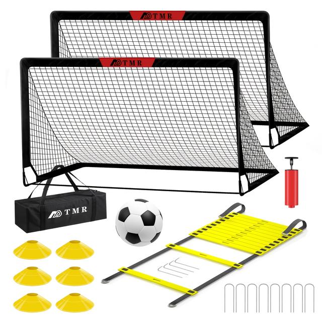 TEMU The Soccer Goal Set Includes 2 Black Soccer Goals, A Size 4 Soccer Ball, An Air Pump, An Agility Ladder, And Marker Cones.