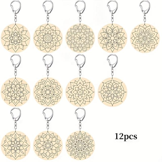 TEMU 12/24pcs Mandala Your Own Keychains Diy Craft Wooden Blank Keychains For Sunday School Classroom Party Favors Gifts, 12 Styles