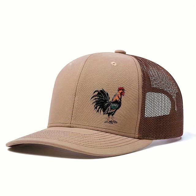 TEMU Vibrant Rooster Print Brim Baseball Cap - Breathable Mesh Trucker Hat With Snapback Closure For Casual Leisure And Outdoor Sports - Fashionable Construction, Summer