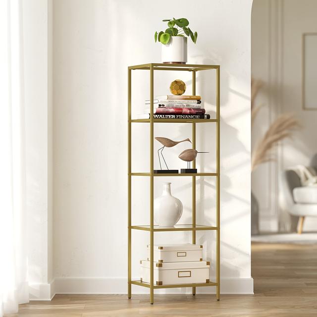 TEMU Five-level Glass Shelving Unit, Suitable For Books, Storage, Made Of Tempered Glass, Easy To Assemble, Ideal For Bathroom, Living Room, Bedroom, Office, In Metallic