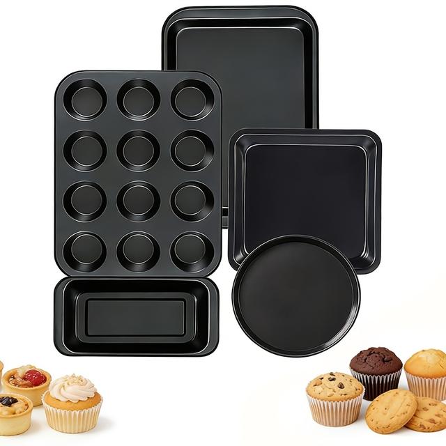 TEMU 5pcs Baking Tray Set | Round/square Cake And Muffin Trays, Oven-safe, Kitchen Cookware Set, Black 304 Stainless Steel