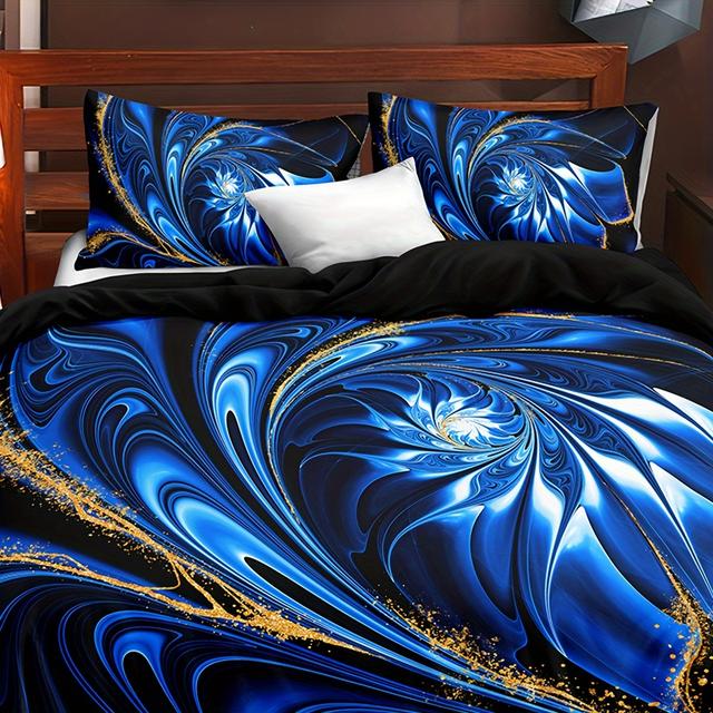 TEMU 3-teiliges 85G Digitaldruck Chemiefaser Polyester Blau Schwarz Goldfolien Steppdecken Set, Bettwäsche Dreiteiler Set, 1 Steppdecke 2 Kissenbezüge, Bettbezug Set, Digitaldruck, Zehn Größen