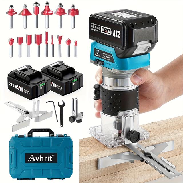 TEMU Cordless Compact Wood Trimming Router, 21v Wood Router Tool With 2pcs 4.0ah Batteries, Brushless Palm Routers For Woodworking, Wood Trimmer Cutting With 15pcs 1/ 4" Router Bits Set