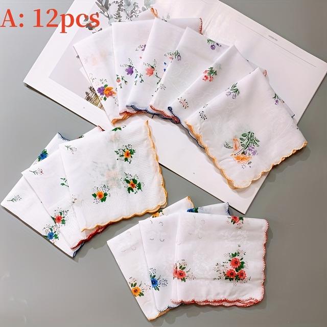 TEMU Set Of 12 Handkerchiefs Featuring Floral Designs, Perfect For Women And. Elegant, Vintage- Scarves Have Wavy Edges And Are With Colorful Flower Embroidery, Ideal For Everyday Use Or As Gifts