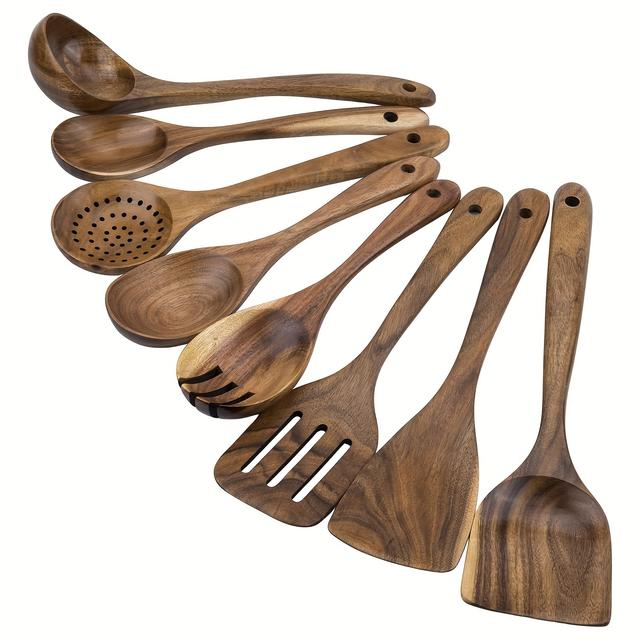 TEMU 8pcs Kitchen Cooking Wooden Spoon Set - Wooden Utensils For Cooking - Multifunctional Wooden Cooking Tools
