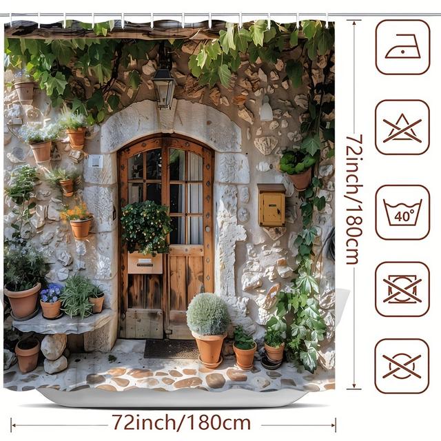 TEMU 녹색 잎, 꽃, 화분이 있는 거리 풍경이 담긴 아름다운 샤워 커튼. 폴리에스터 원단으로 제작되어 가정용으로 설계되었으며, 욕조 칸막이 및 욕실 장식 커튼으로 사용할 수 있습니다. 후크가 함께 제공됩니다.