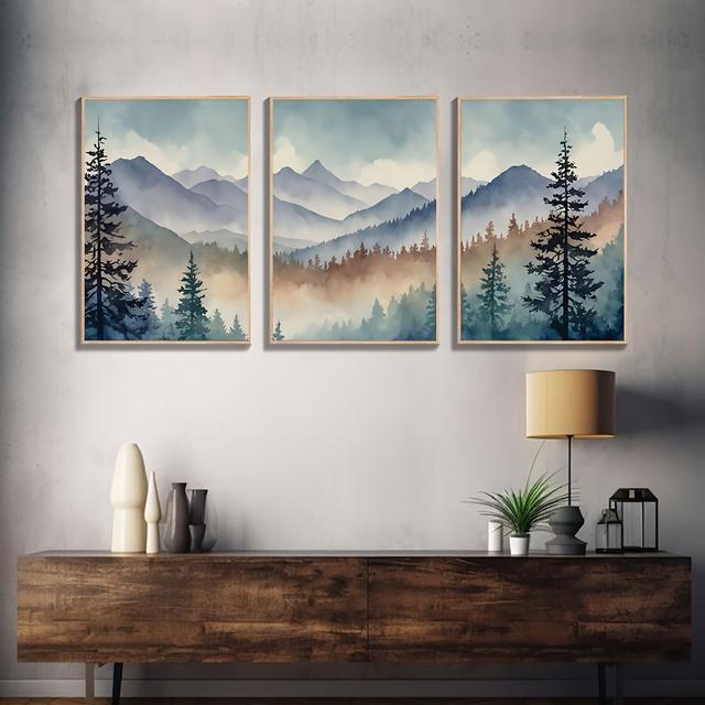 TEMU 2D Flach, 2D Flach, 3er Set Berg Art, Aquarellfarben, Ausdruckbare Wanddeko, Bergkunstwerk, Bergillustration, Öl-Kunstwerk, Wanddeko, Ungerahmt