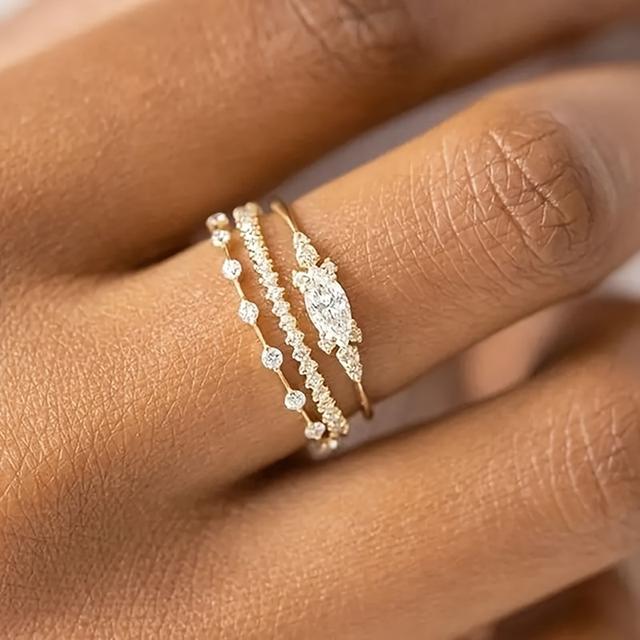 TEMU Elegante Set de 3 Anillos para Mujer - Detalles de Estrás, Artesanía de Aleación, Perfecto para Uso Diario y Fiestas, , Boda