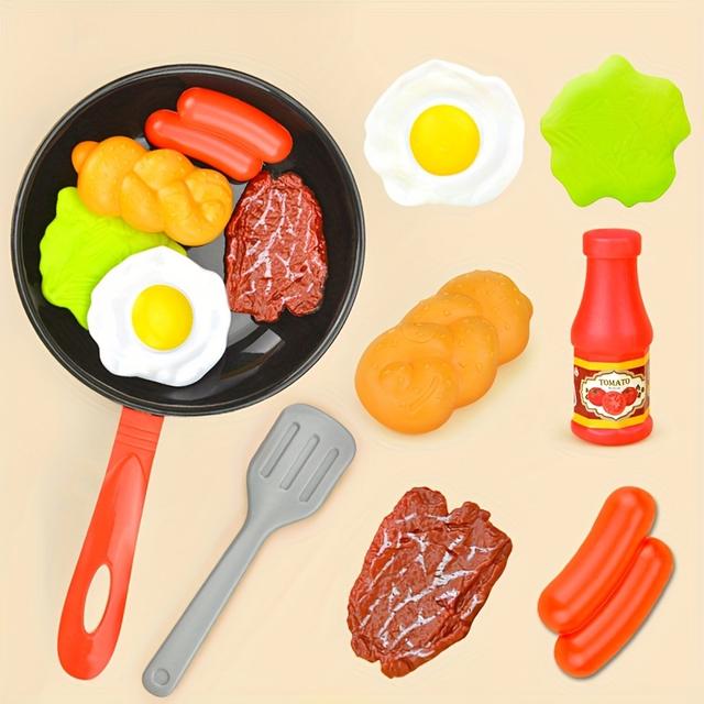 TEMU 8pcs Play House Frying Pan, Steak, Vegetables, Poached Eggs, Bread, Tomato Sauce, Food Kitchen Toy Set,color Mixed Hair