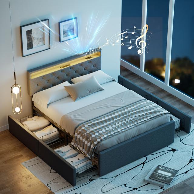 TEMU de Cama Moderno Tapizado con Altavoz Integrado, Estante en el Cabecero + 4 Cajones (2 Cajones por ) - Cama Multifuncional Ideal para Espacios Pequeños, Montaje, Estructura de Madera con Tela