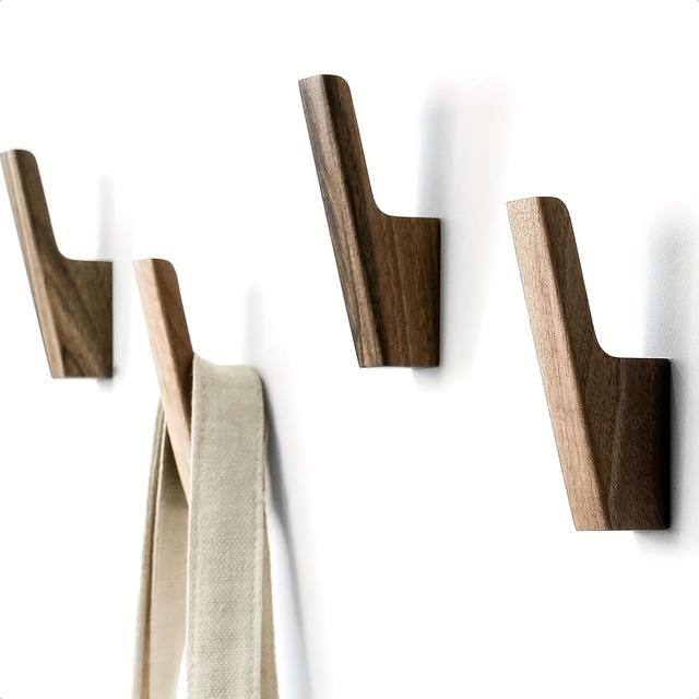 TEMU 4pcs Set - Dark Walnut Gray Wood Coat Hooks For Hanging Hats, Wallets, Backpacks, Bags, And Jackets. Wall Decor And Practical Entryway Hooks