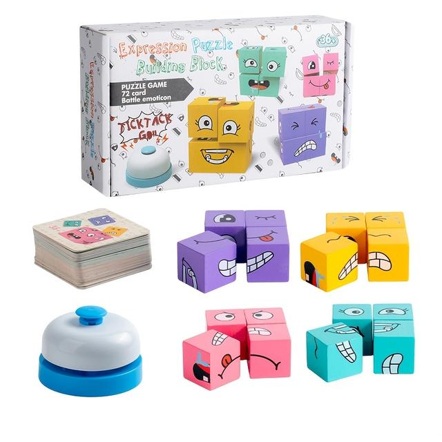 TEMU Fun Face Changing Puzzle Game Toy - Wooden Facial Expression Boards, 72-card Set With Bottle Emotion Game, Educational And Interactive Play For