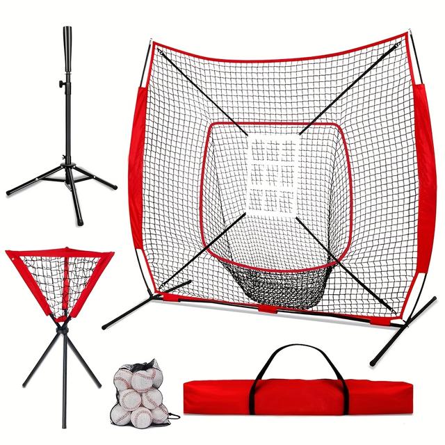 TEMU Baseball And Softball Practice Net, 7x7ft, With 12 Baseballs, For Hitting, Pitching Training, Portable Baseball Throwing Net, Hitting Tee, And Tote Bag