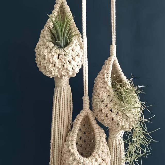 TEMU Set Of 3 Macrame Holders For Air Plants Made From Cotton Cord, Ideal For Hanging Mini Succulents In Your Bedroom Or Living Room Decor