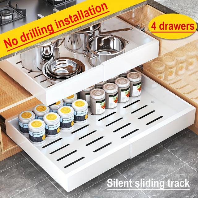 TEMU 4-pack Carbon Steel Expandable Pull Out Cabinet Organizer (12.6"-20.6"w), Rust-resistant Silent Sliding Drawers With Adhesive Or Nail Installation, 17" Deep Slide Out Drawers For Kitchen, Pantry