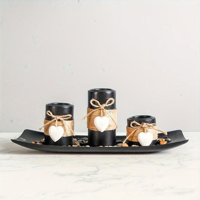 TEMU 1 Zestaw Europejskich Prostych Drewnianych Świeczników w Kształcie , Czarny Świecznik Trzyczęściowy Ozdoby do Domu Sypialni Pokoju Dziennego, Bez Świec