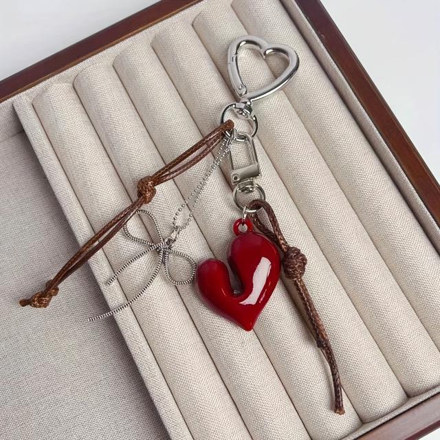TEMU Ancola Red Heart Accessory Bag Charm, Fashionable Minimalist Keychain Pendant, Handmade Bow Phone Charm