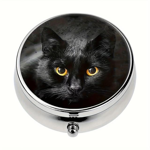 TEMU Modne, Fajne Pudełko na Tabletki z Motywem Czarnego Kota - Metalowe Etui na Tabletki z Trzema Przegrodami i Dekoracyjną Pokrywką w Stylu Halloween, Kreatywny Prezent na Sezon Świąteczny