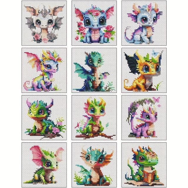 TEMU 12pcs Stitch Dragon Handmade Needlework Suitable For Diy Embroidery Lovers With Animal Pattern Handmade Gift - Multicolor, Fabric, , Animal Theme