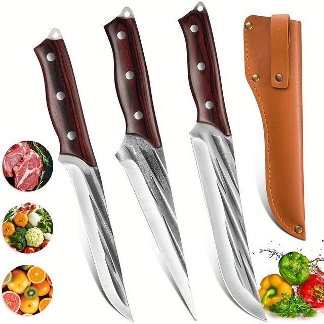 TEMU Juego de 3 Cuchillos de de Acero Inoxidable Forjados a - para Cortar, para Deshuesar, para Dividir, para Cortar Carne para Cocina y Exteriores