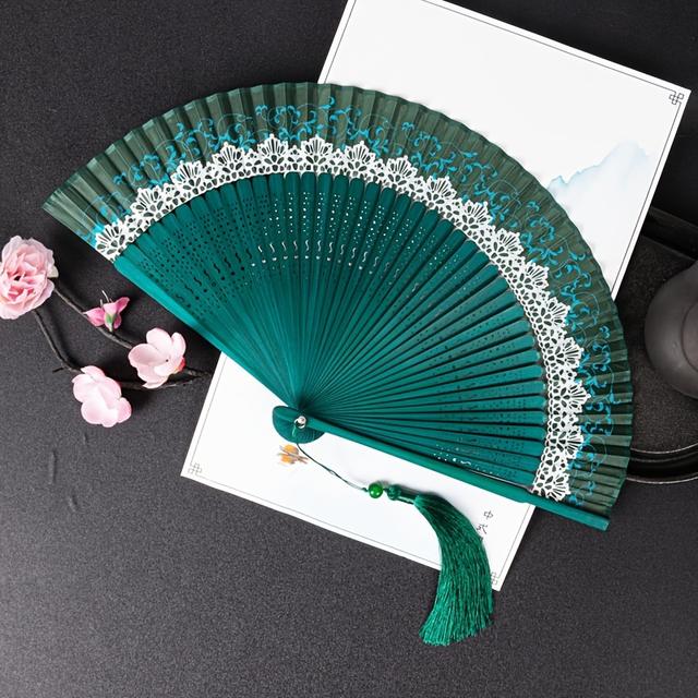 TEMU Traditional Chinese Style Lace Handheld Fan, Portable Folding Fan, Japanese Inspired Bamboo Craft Fan, Vintage Cultural Gift, Pocket Fan For Personal Use