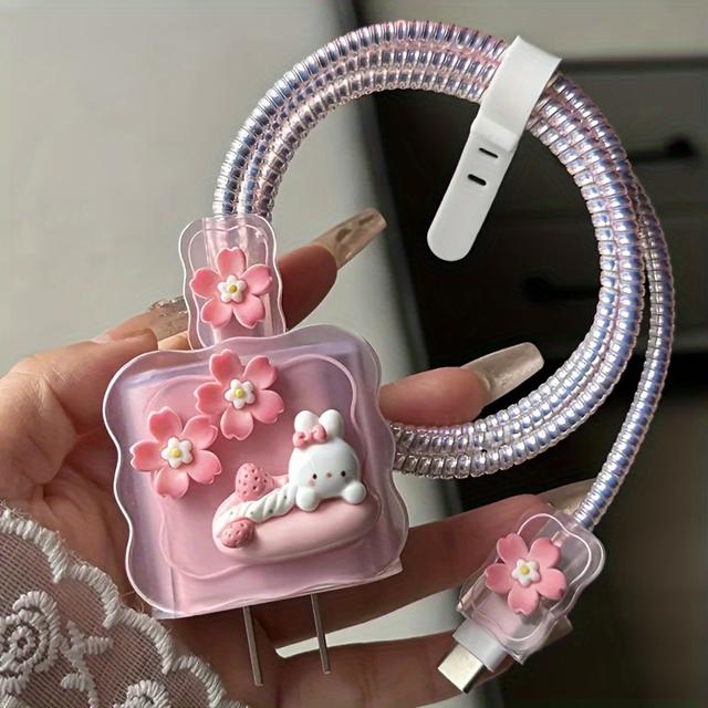 TEMU حافظة حماية لشاحن iPhone بنقشة أرنب لطيفة، 5 قطع غطاء حماية لكابل البيانات، منظم أسلاك مضاد للانحناء لرأس الشحن 18/20 واط، هدية راقية لصديق/صديقة