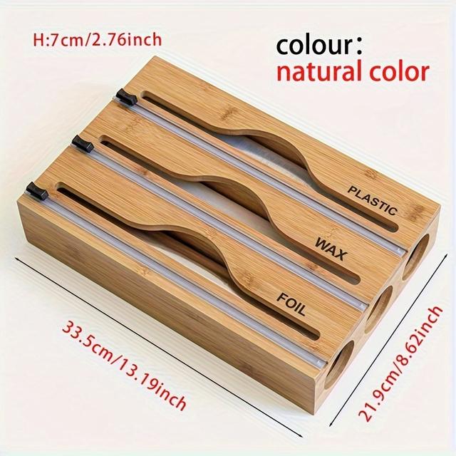 TEMU 1pc 3 In 1 Bamboo Wrap Organizer With Cutter And Labels, Plastic Wrap, Aluminum Foil And Wax Dispenser For Kitchen