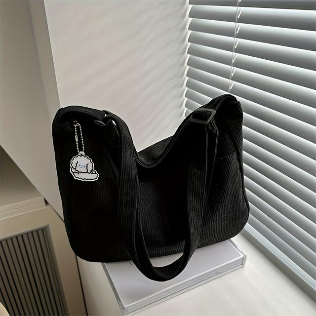 TEMU حقيبة كتف نسائية أنيقة من القطيفة - واسعة، بسحاب، بطانة بوليستر ونمط مخطط - متوفرة باللون الأبيض، الأسود، الوردي، الكاكي، البني، حقيبة كروسبودي بلون سادة أنيق