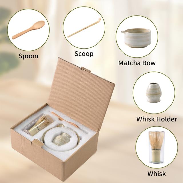 TEMU 5pcs Japanese Matcha Tea Set With Ceramic Bowl & Bamboo/shield Spoons - Vintage Authentic Tea Ceremony Tools (tea Hat, Brush, Egg Beater Suitable For Matcha Lattes, Japanese - Service Kit