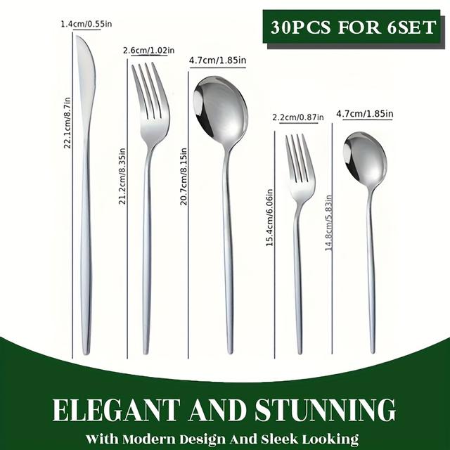 TEMU 30pcs Elegant Silver Stainless Steel Cutlery Set - Mirror End Stylish Dinnerware, Dishwasher Safe & Rust-resistant Utensils For Home Meals & Weddings