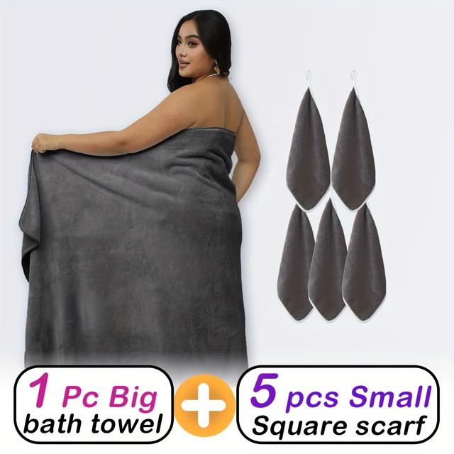 TEMU 6pcs Set Plus Size Bath Towel Set For Curvy Women, 1 Extra Large Fleece Body Towel (200x100cm) + 5 Small Bath Towels (35x35cm), Quick-dry, Lightweight, Highly Absorbent, Multiple Colors Available