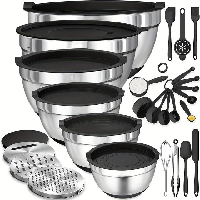 TEMU 26pcs Stainless Steel Mixing Bowl Set With Lids & Grater - Bottoms For And Storage