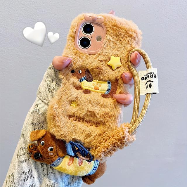 TEMU Phone Case - A Cartoon Plush Dachshund Phone Case For Autumn And Winter, Complete With A Dog-themed Bracelet, Compatible With Iphone 16 Pro Max