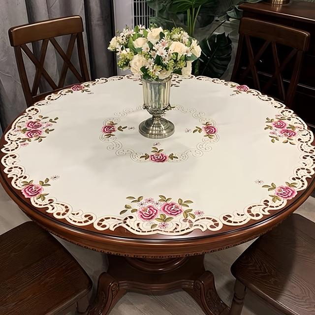 TEMU Runde Tischdecke im Europäischen Stil mit Blumenstickerei - Polyester, Perfekt für den & Partys