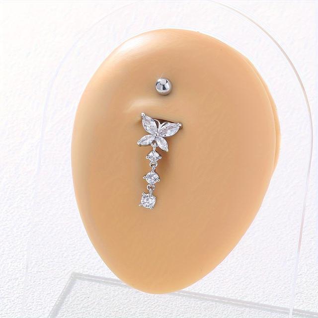 TEMU Sparkling, Chic Tassel Belly Button Ring - Stainless Steel With Cubic Zirconia, & Vacation Wear