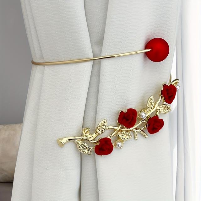 TEMU 1 pieza Hebilla de cortina floral de aleación Hojas Forma Clip de cortina de perlas Sujetador de cortina para guardar cortinas Sujetador de cortina sin perforación Decoraciones para ventanas