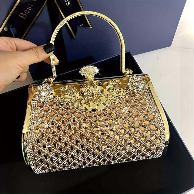 TEMU Elegant Rhinestone-embellished Golden Clutch | Sexy, Geometric Pattern, Removable Strap, Closure, Acrylic Lining, Fake, Fade Resistant - Perfect For Parties, Weddings, Banquets
