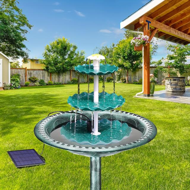 TEMU Aisitin Three-layer Water Flow Solar Bird Pond, Dark Green, Wave Type, Detachable Solar Bird Pond With Feeder And Fountain, Suitable For Bird Pond And Garden