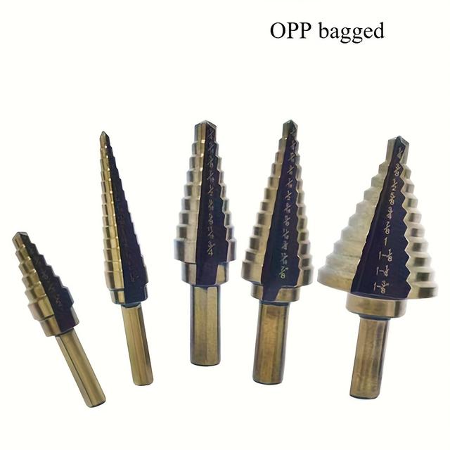 TEMU [hss Titanium Drill Bit] 5pcs Hss Cobalt Titanium Carbon Steel Black Fillister Head Step Drill Bit Set - Multiple Hole, With Electric Drill, For Construction, Carpentry, Wood, Metal