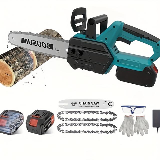 TEMU ブモーター搭載の12インチコードレス電動チェーンソー、21Vバッテリー、安全ロック付き、軽量設計 - 充電ケースとアクセサリーセット付属、家庭用に最適、コードレスタイプセーワミル｜安全ロック機能｜金属製