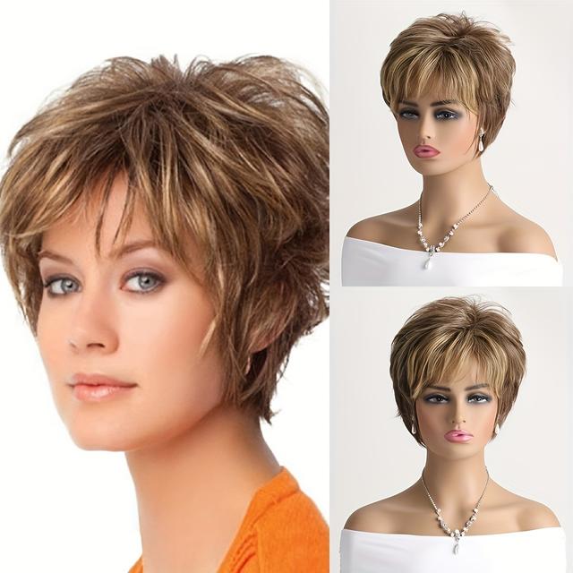 TEMU Elegant Fiber Wig For Women, Short Curly Wave 10 Inch, 130% Density With Bangs, Synthetic Cap For
