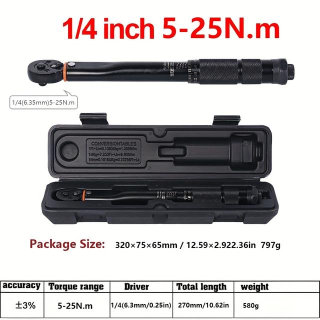 TEMU Clé dynamométrique réglable de 5-210Nm Clé dynamométrique préréglée Clé dynamométrique 1/4 3/8 1/2