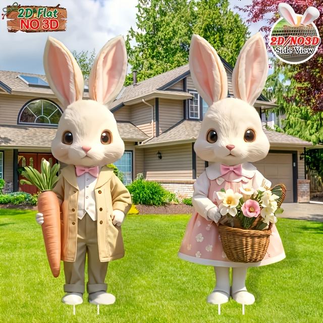 TEMU 2D Lapos - 【2D Lapos】 2db Húsvéti Kerti Dekorációs Szett | Nyuszi Témájú Party Kellékek, 2D Lapos Műanyag Gyep Táblák, Rúd Szerelés Húsvéti Kültéri Ünnepségekhez